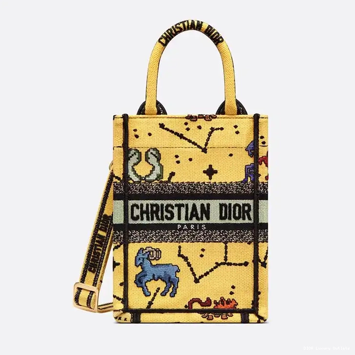 Yellow Book Tote Dior Zodiac Pixel Motif Miniature Canvas 0614 Luxury